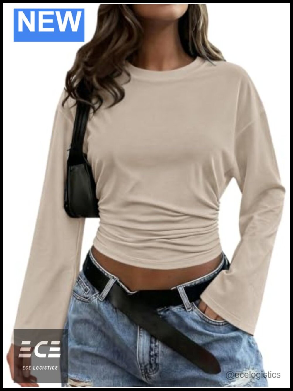 Women's Bell Sleeve Cropped Top Ruched Waist Crewneck Long Sleeve Fall Shirt